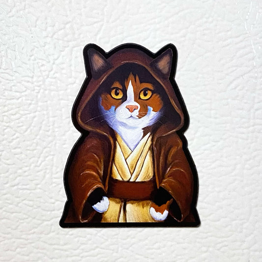 Cat in Jedi robe design on a textured white background