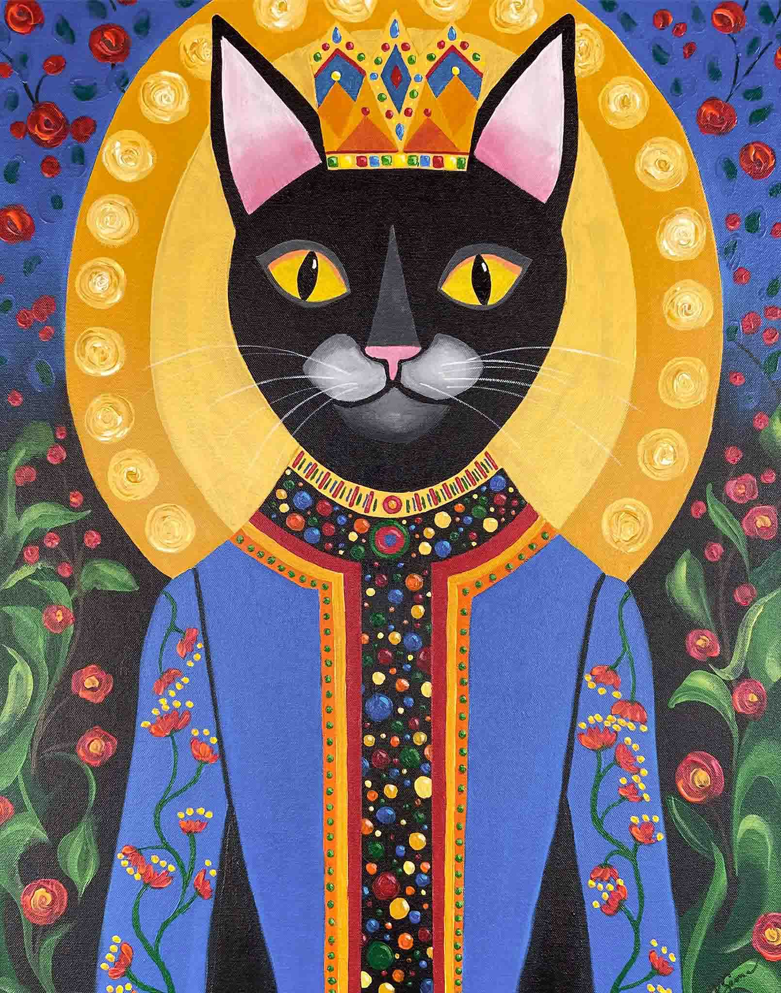 Decorative illustration of a black cat with colorful headdress and robe against a floral background