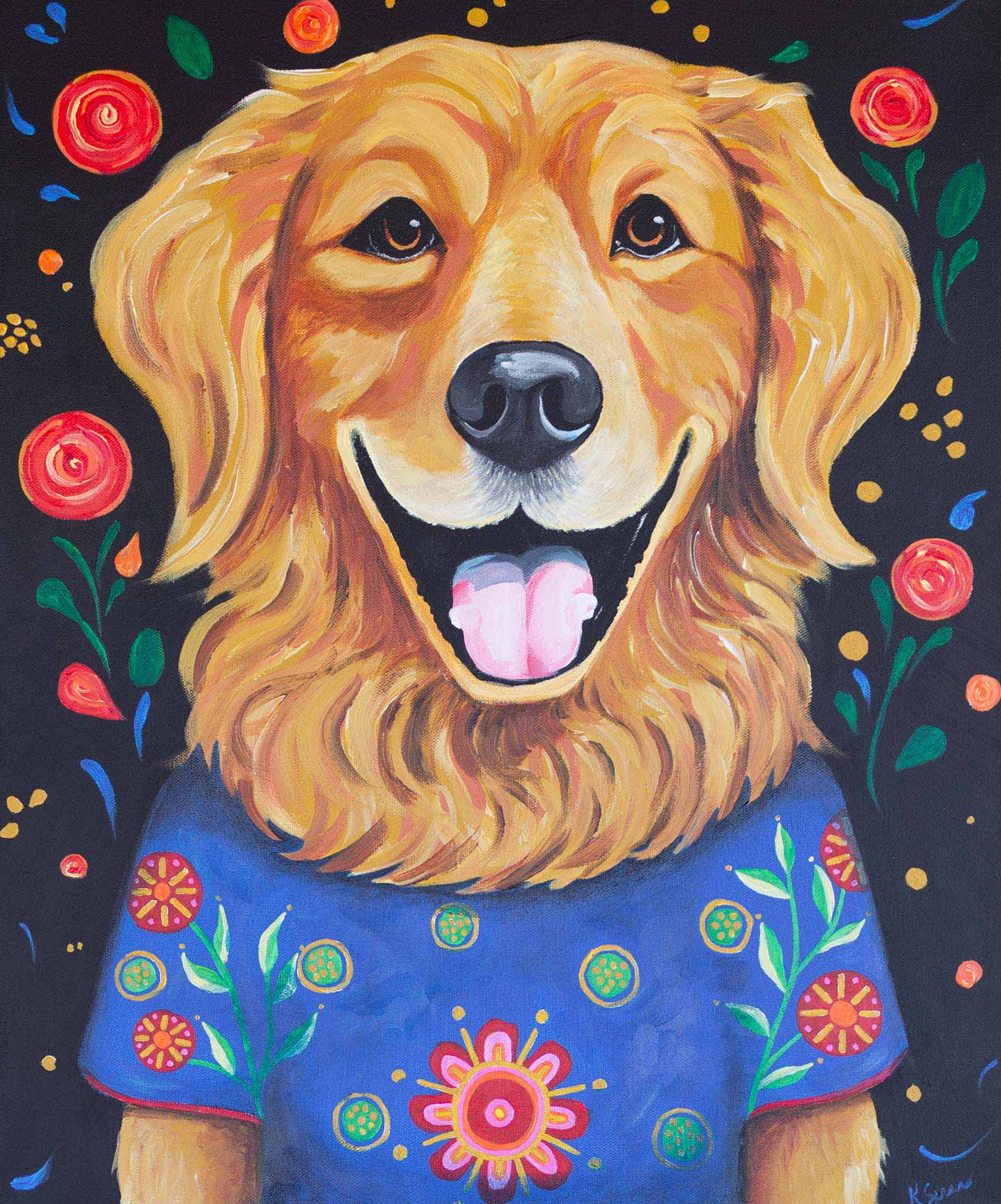 Painting of a golden retriever wearing a blue shirt with floral patterns, surrounded by colorful flowers on a dark background.