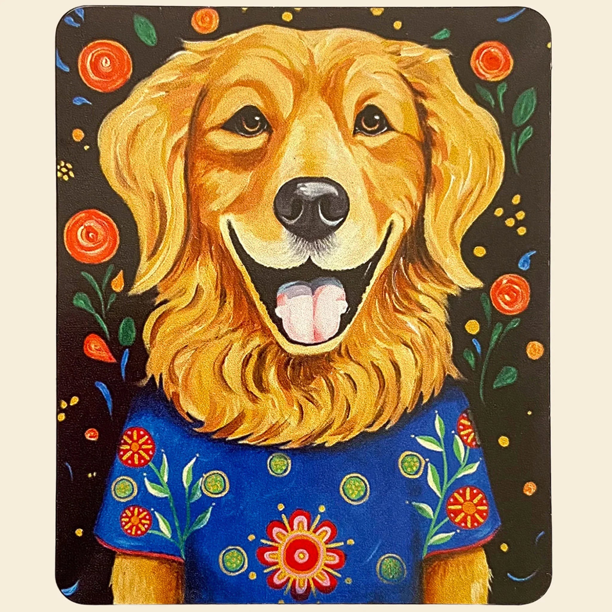 Magnet of a golden retriever wearing a blue sweater with floral patterns on a dark background.