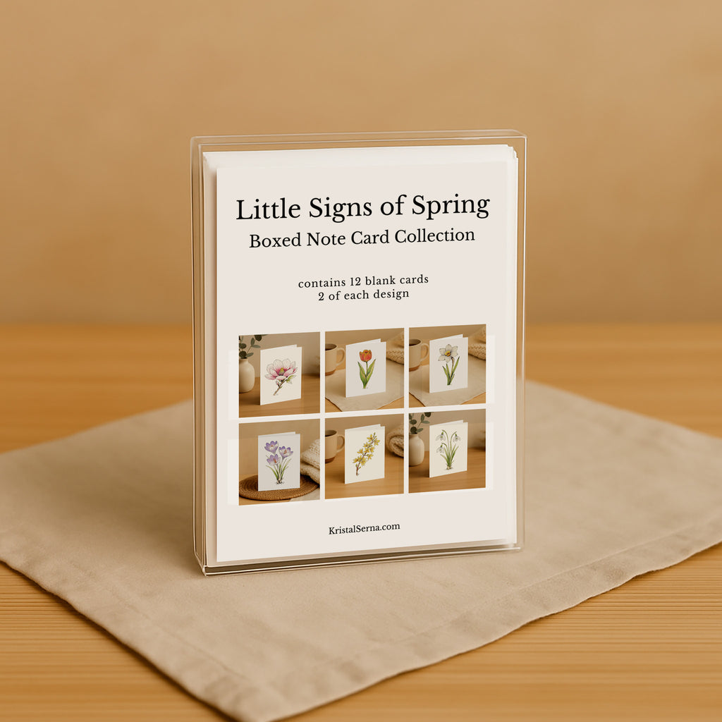 Boxed note card collection titled 'Little Signs of Spring' on a beige surface with a brown background.