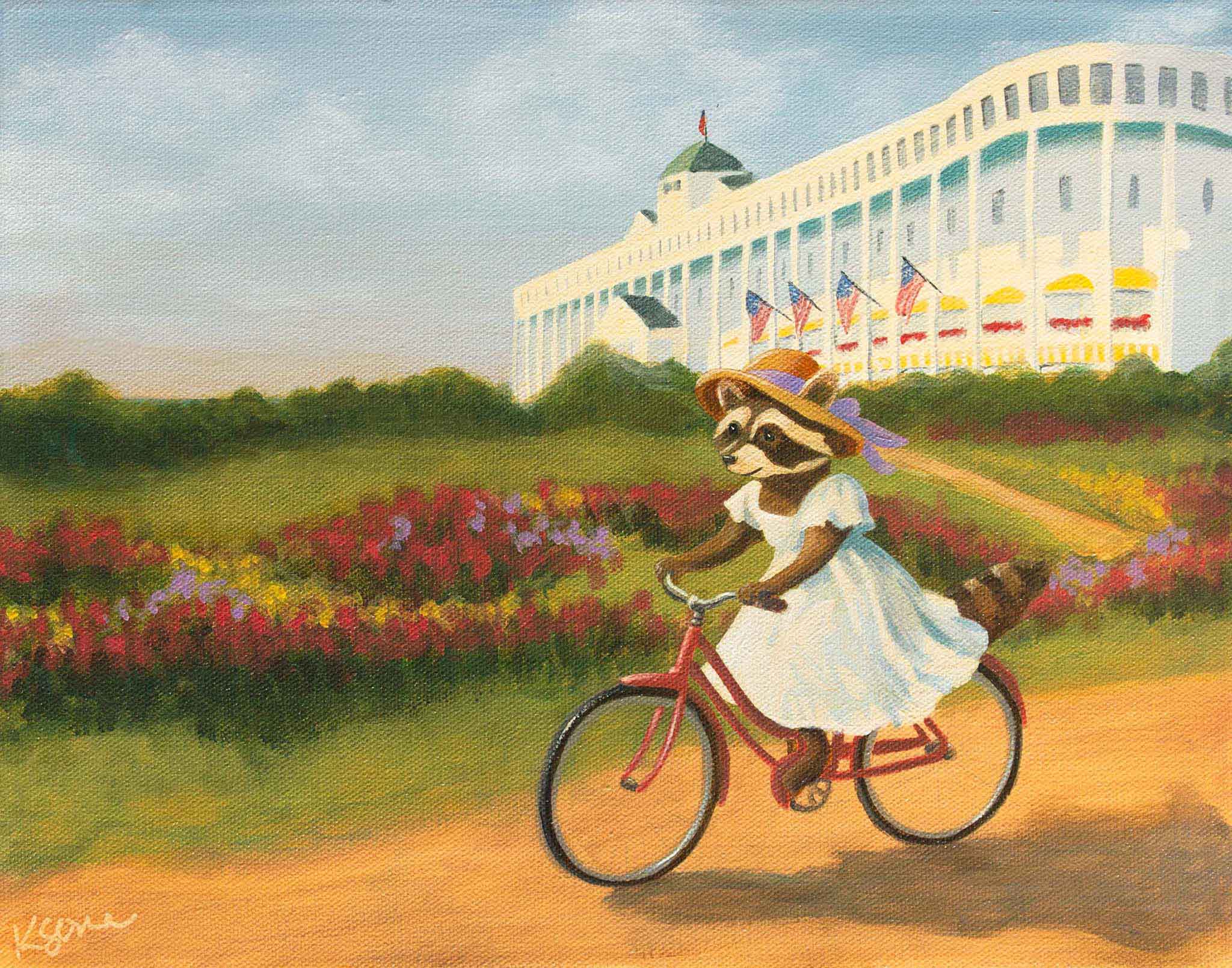 Raccoon in a dress riding a bike with a large building and flowers in the background