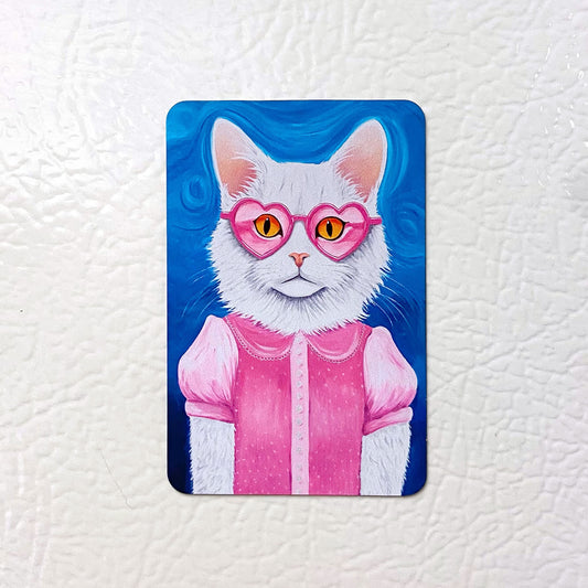 Card with a white cat wearing pink heart-shaped glasses and a pink outfit on a textured white background