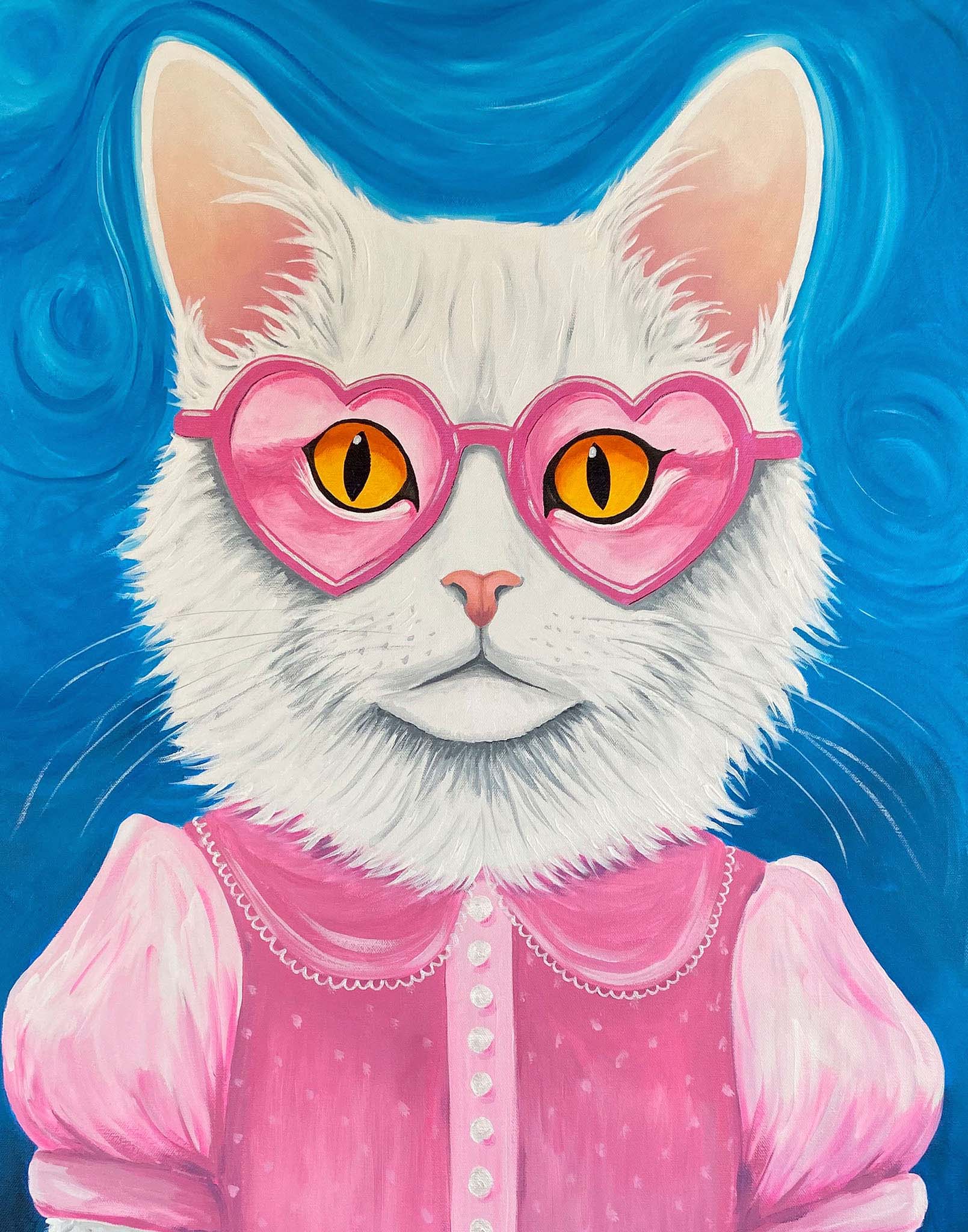 White cat wearing pink heart-shaped sunglasses and a pink outfit against a blue background