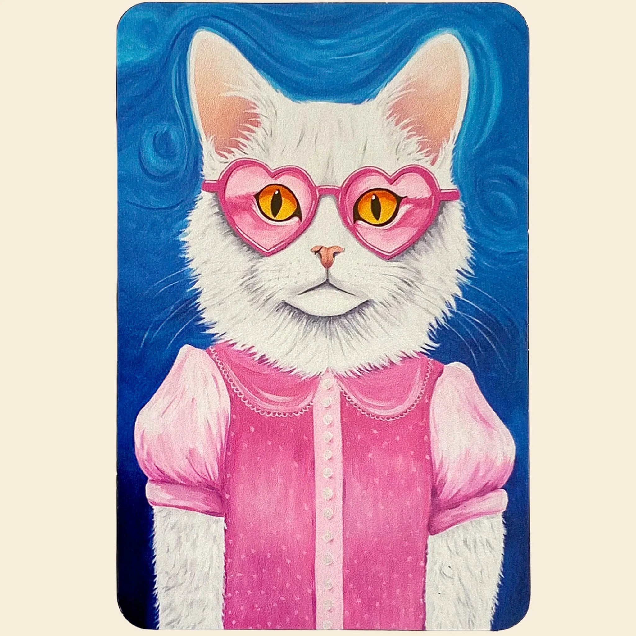 Magnet with a white cat wearing pink glasses and a pink outfit on a blue and beige background