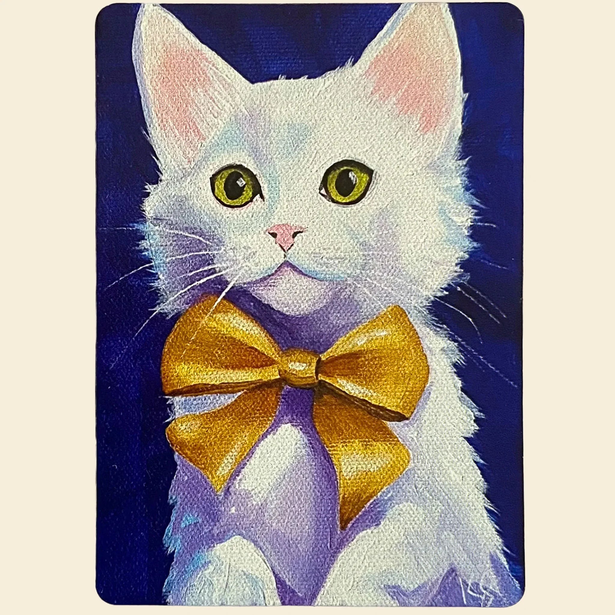 White cat with a large gold bow tie on a dark blue background