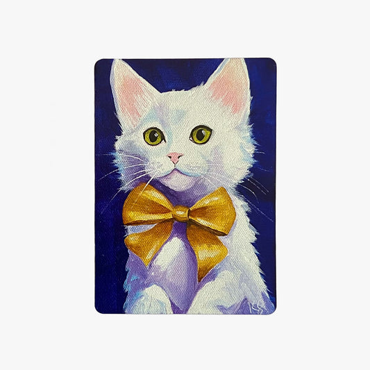 Painting of a white cat with a gold bow tie on a dark blue background
