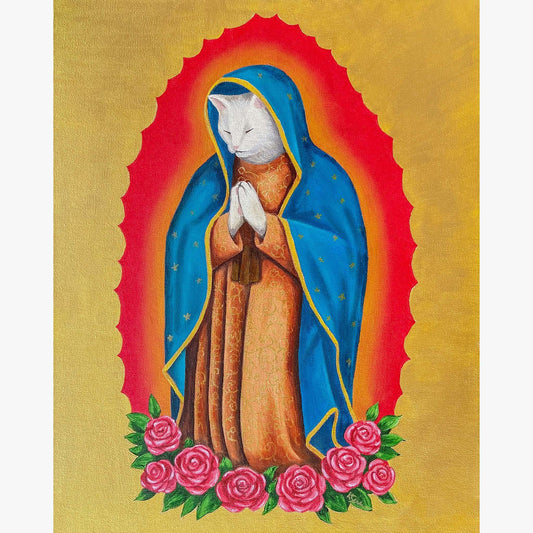 Cat in a blue and gold robe with a red halo and pink roses on a gold background