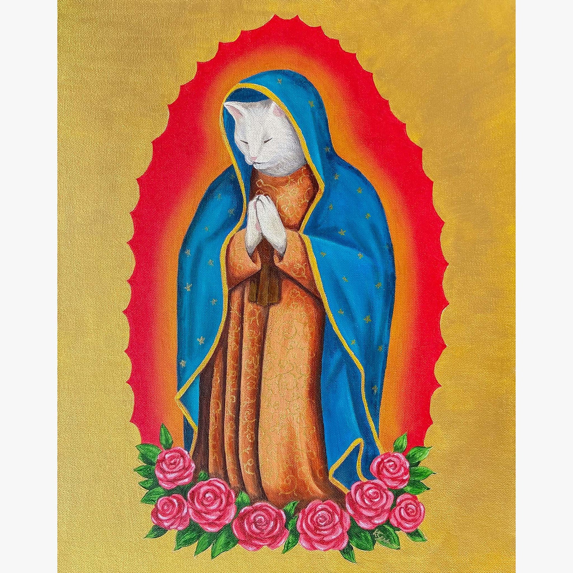 Cat in a blue and gold robe with a red halo and pink roses on a gold background