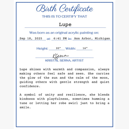 Birth certificate-style document for an acrylic painting named 'Lupe' with details and an artist's signature.