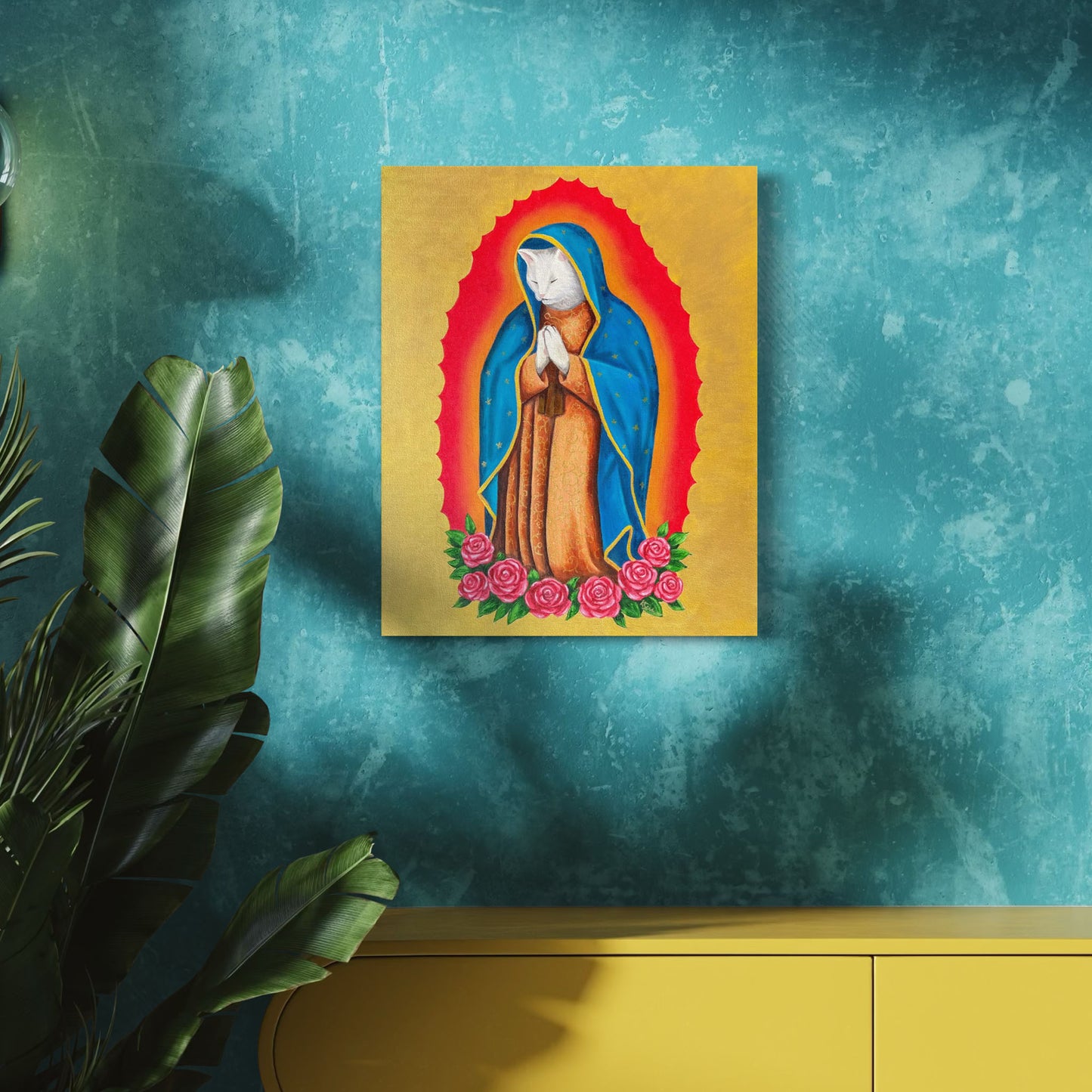 Painting of a religious figure with a colorful background on a teal wall.