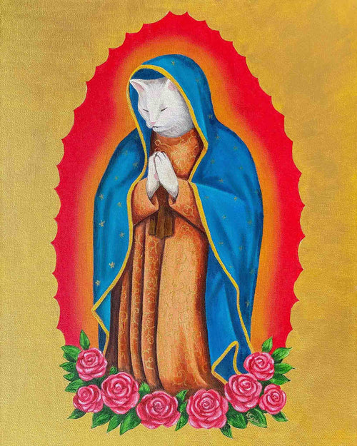 Cat in a blue and orange robe with a red halo and pink flowers on a yellow background