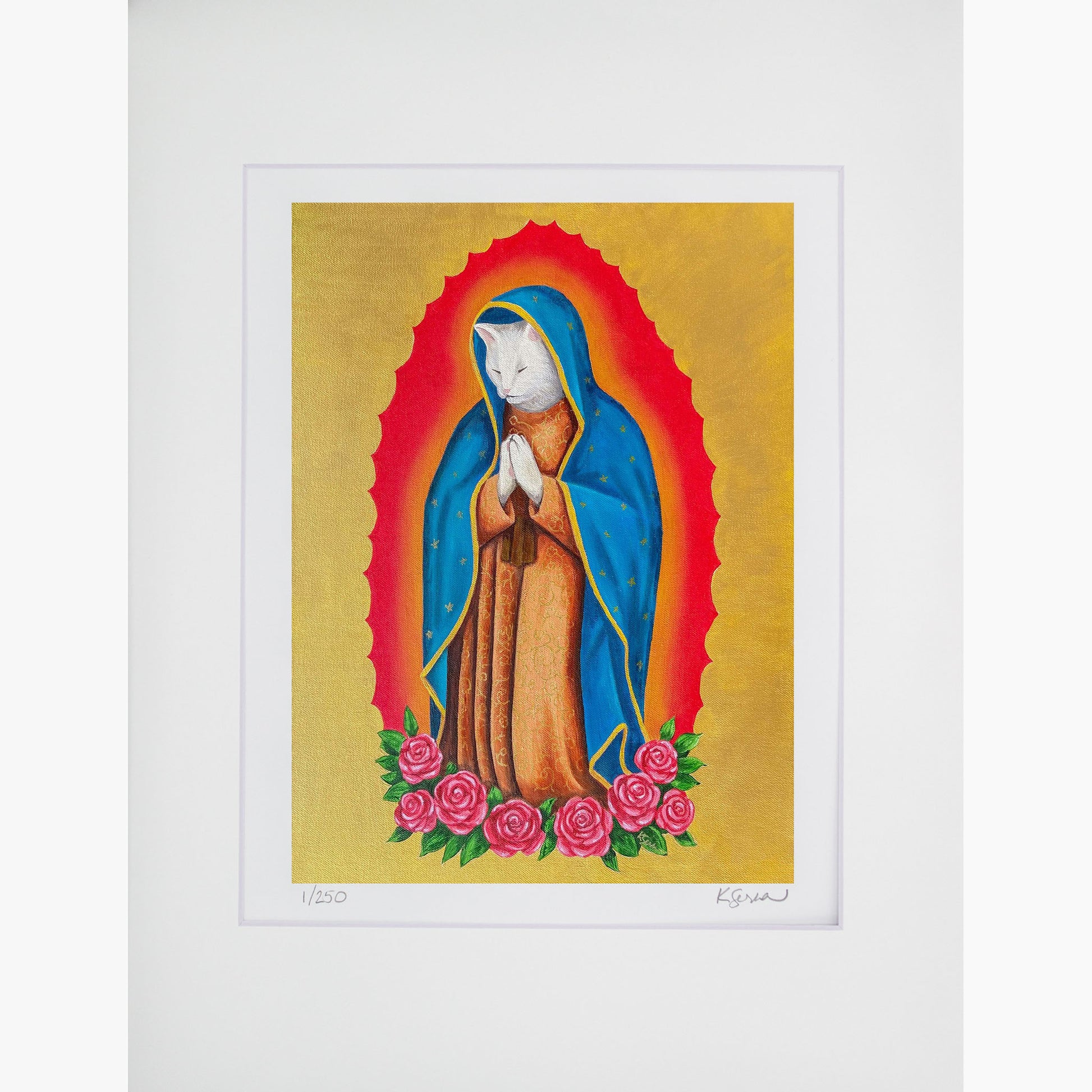 Framed artwork of a religious figure with a red halo and blue robe on a gold background.