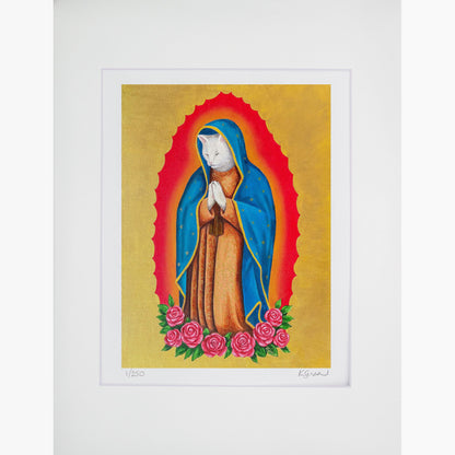 Framed artwork of a religious figure with a red halo and blue robe on a gold background.