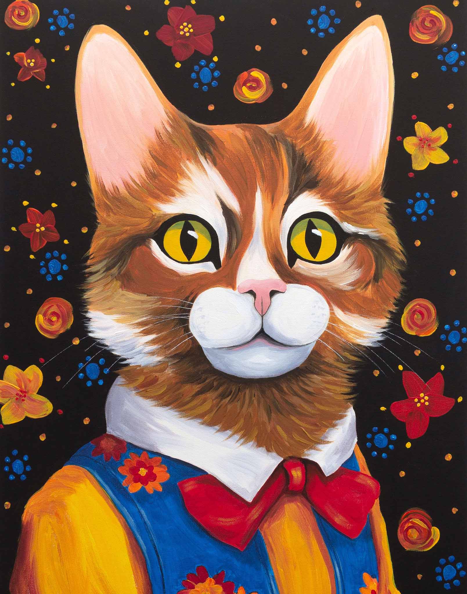 Painting of a cat wearing a colorful outfit with flowers in the background