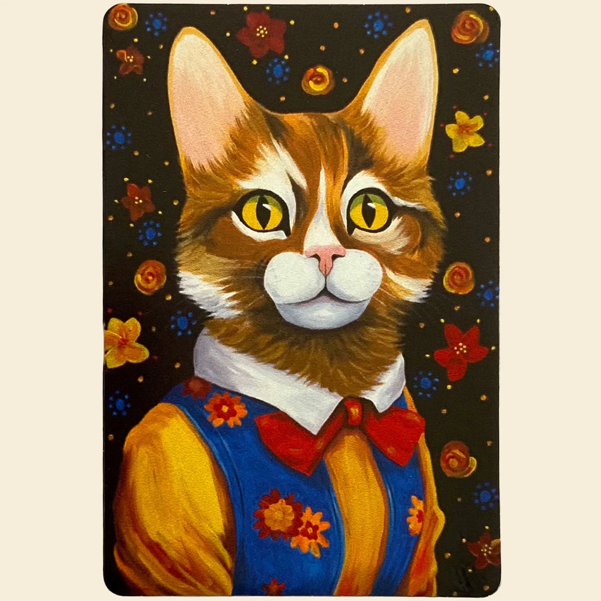 Magnet of a cat wearing a vest and bow tie with a colorful floral background