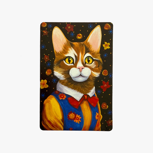 Painting of a cat with a colorful outfit on a dark background with flowers