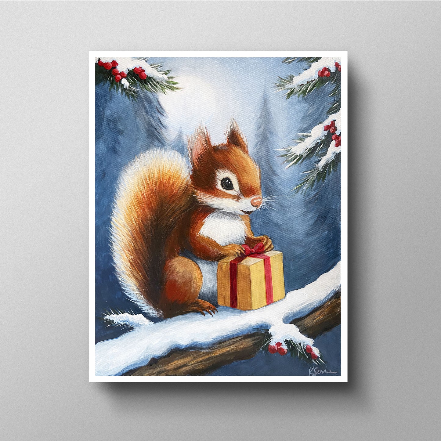 Painting of a squirrel with a gift box on a snowy branch