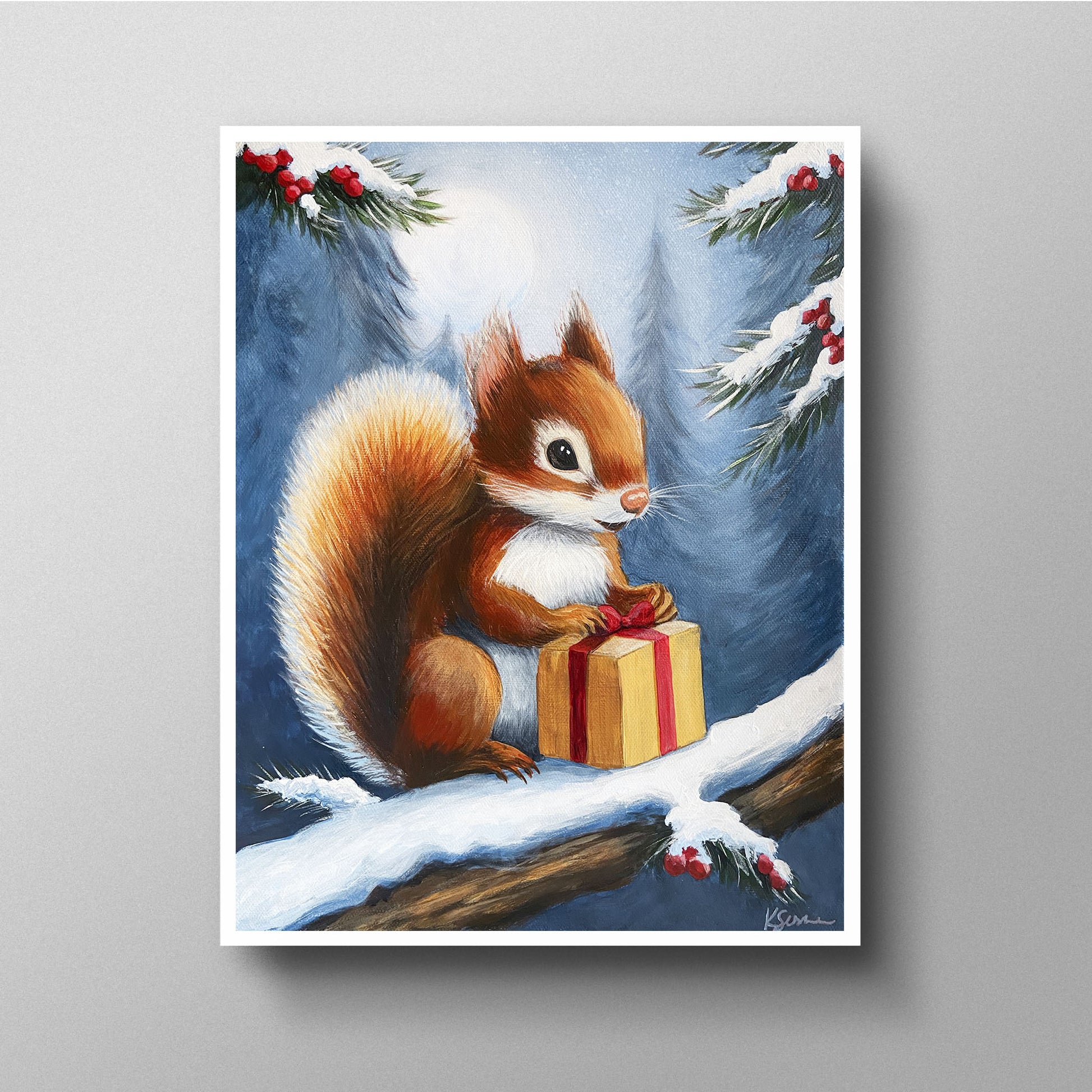 Painting of a squirrel with a gift box on a snowy branch