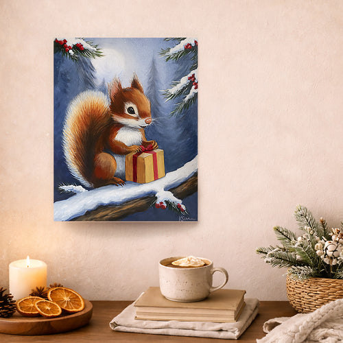Painting of a squirrel with a gift on a wall above a cozy setup with a mug, books, and decor.