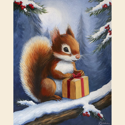 Painting of a squirrel holding a gift box on a snowy branch with holly berries.