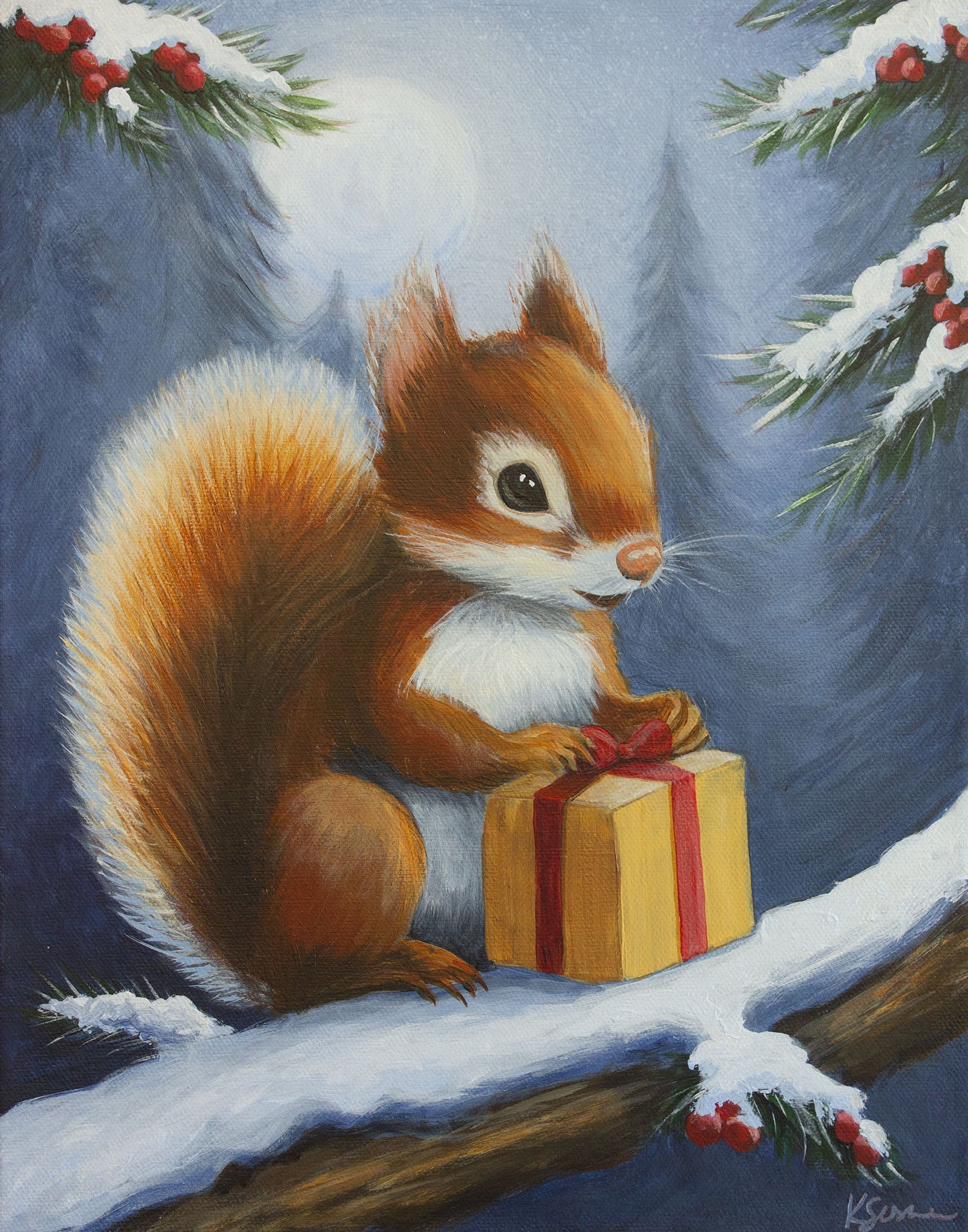 A squirrel holding a gift box on a snowy branch with a blue background.
