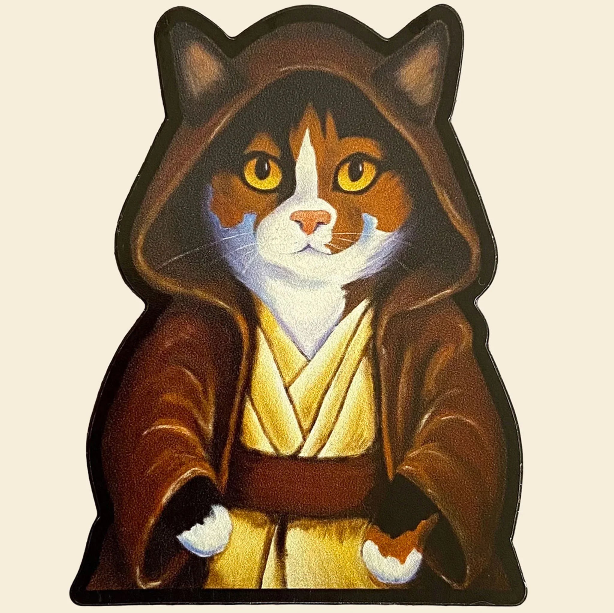 Cat character in Jedi robes on a beige background
