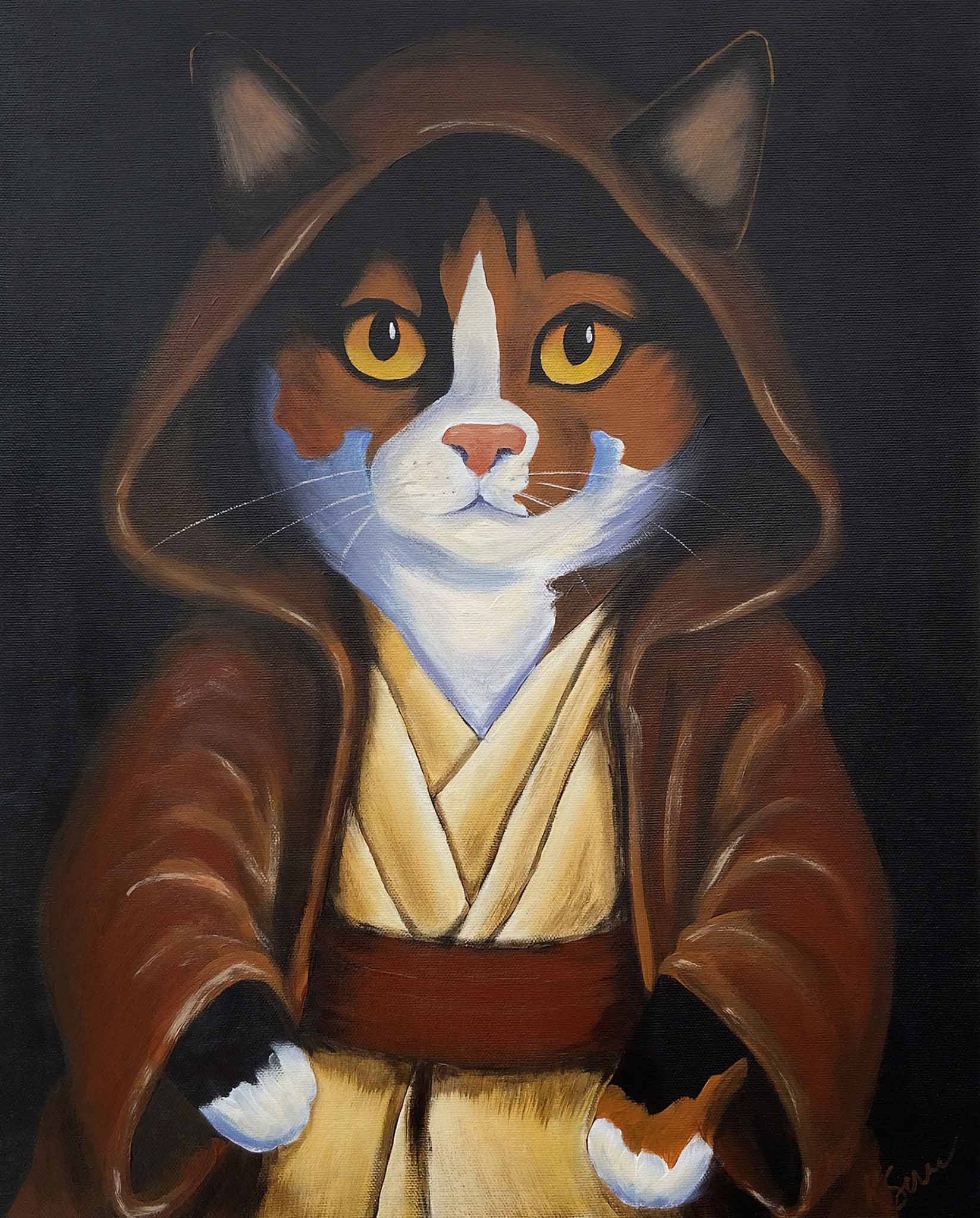 Cat dressed in Jedi robes with a dark background