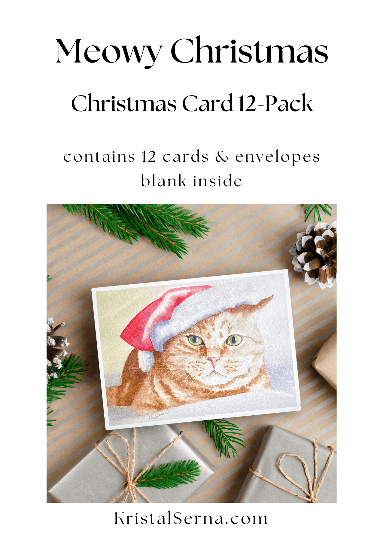 A watercolor painting of an orange tabby cat wearing a red and white Santa hat with a soft snowy background.
