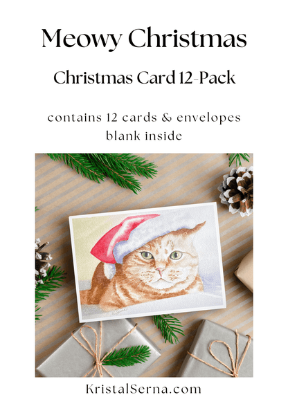A watercolor painting of an orange tabby cat wearing a red and white Santa hat with a soft snowy background.