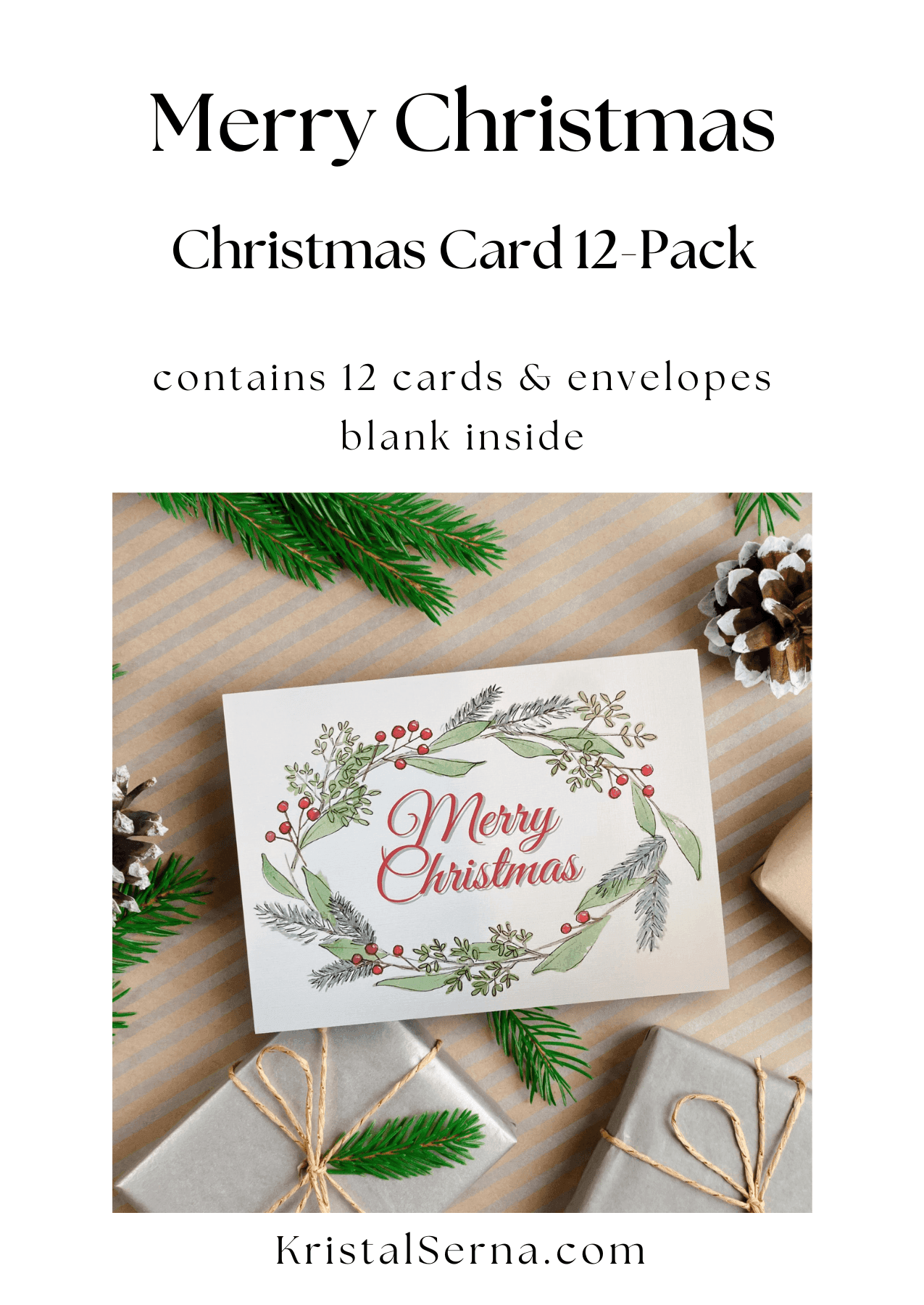 A watercolor and ink painting of a Christmas wreath made of pine, eucalyptus, and red berries with the words “Merry Christmas” in red script at the center.