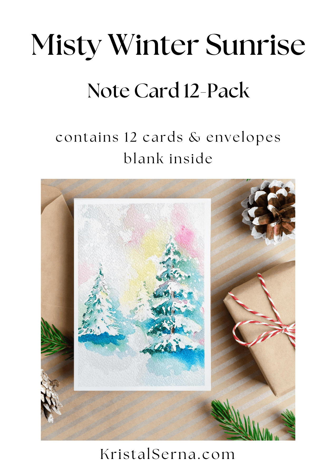 A watercolor painting of snow-covered evergreen trees with soft pink, yellow, and blue tones suggesting a misty sunrise in winter.