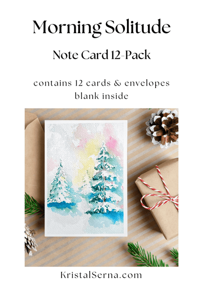 A watercolor painting of a snowy landscape with pine trees, a fence, and soft pastel colors in the sky reflecting on a frozen lake.