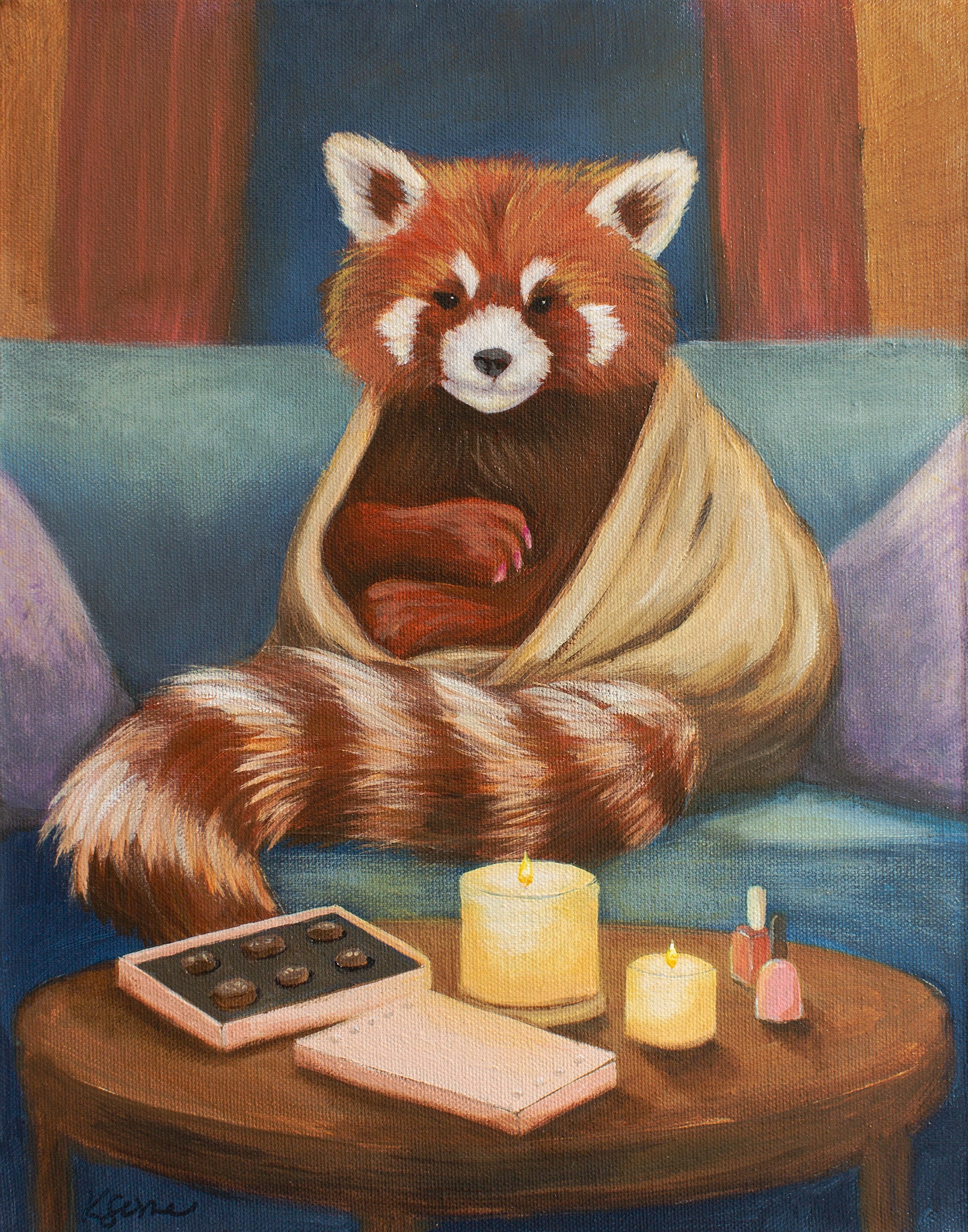 A red panda wrapped in a blanket on a couch with candles and a book on a table.