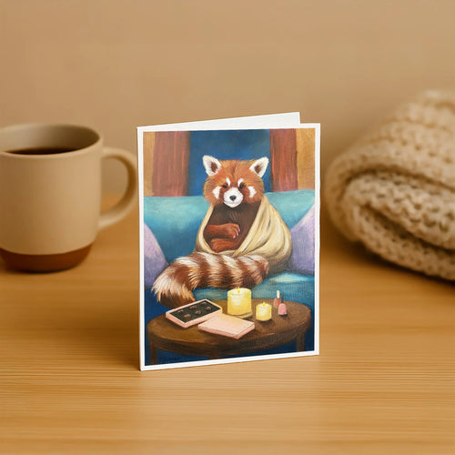 Greeting card with a red panda on a sofa and a table with chocolates, candles, and nail polish bottles.