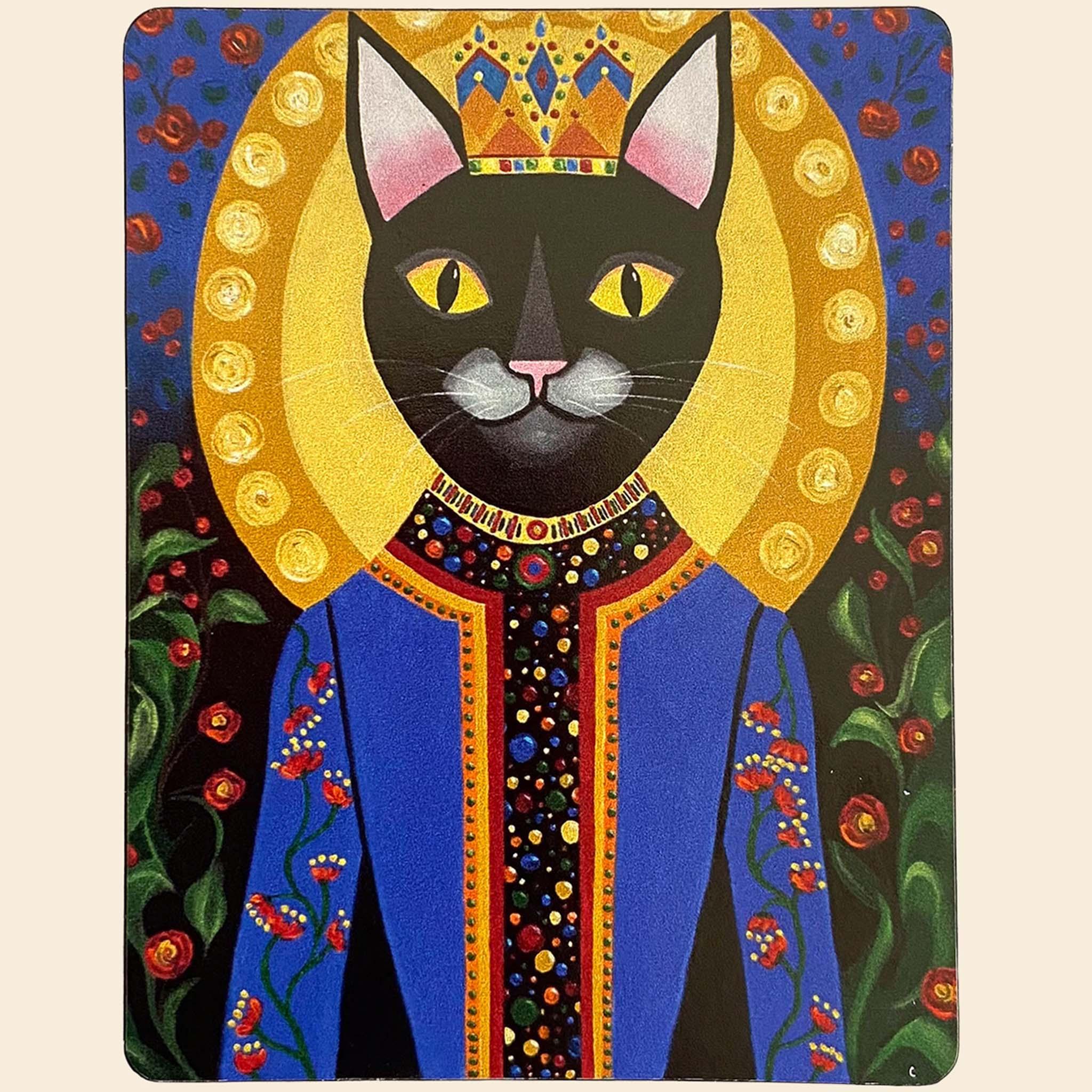 Magnet with a stylized black cat in regal attire surrounded by flowers.