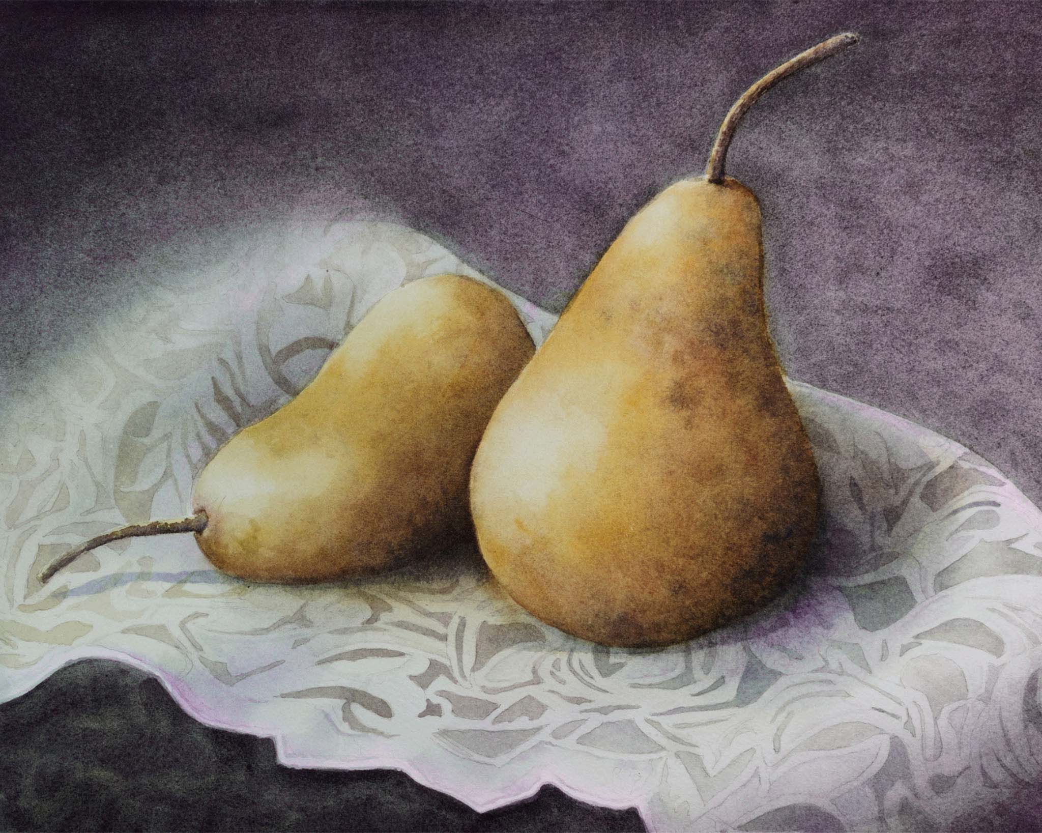 Two pears on a textured surface with a purple background