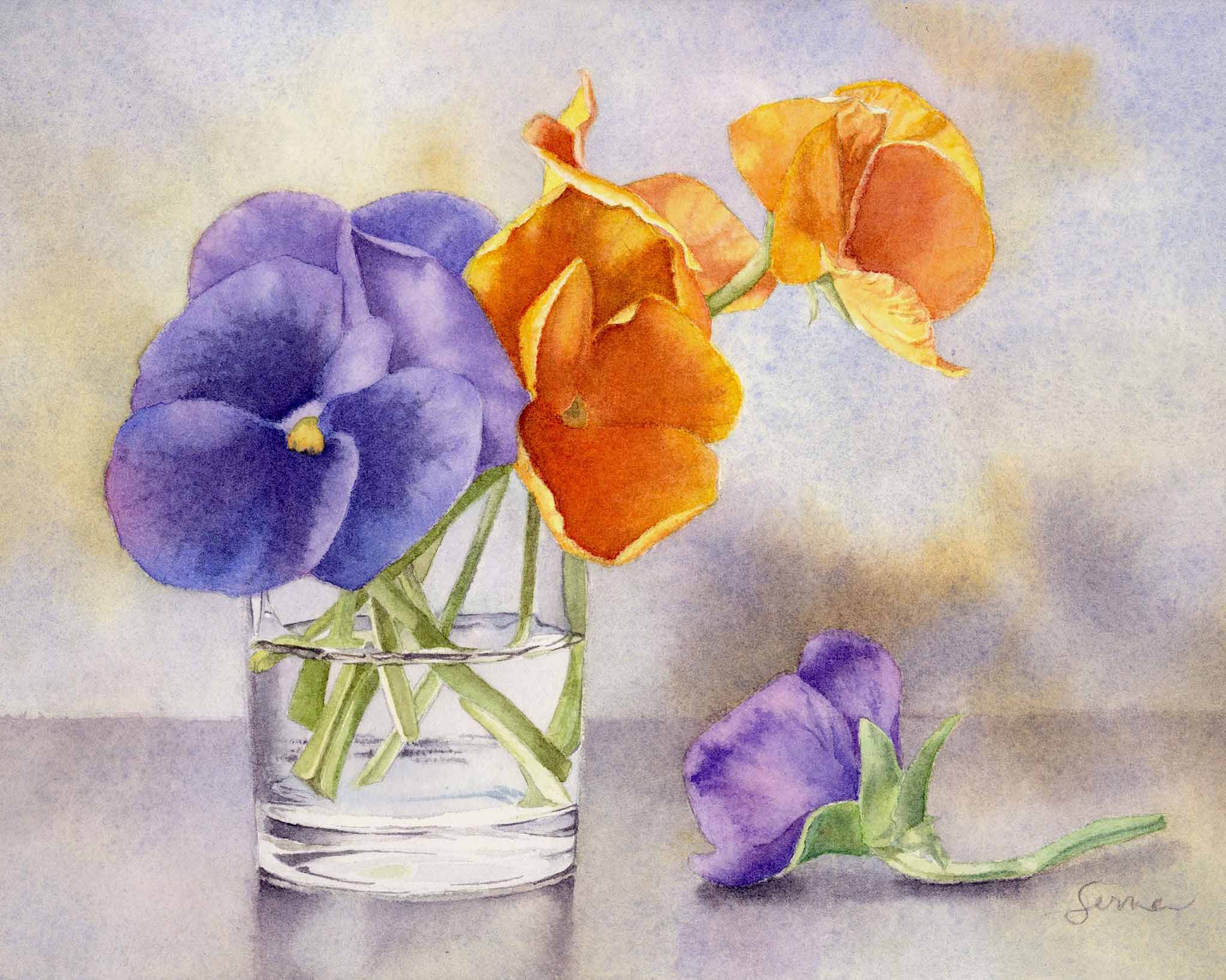 Artistic depiction of purple and orange flowers in a glass vase on a soft background