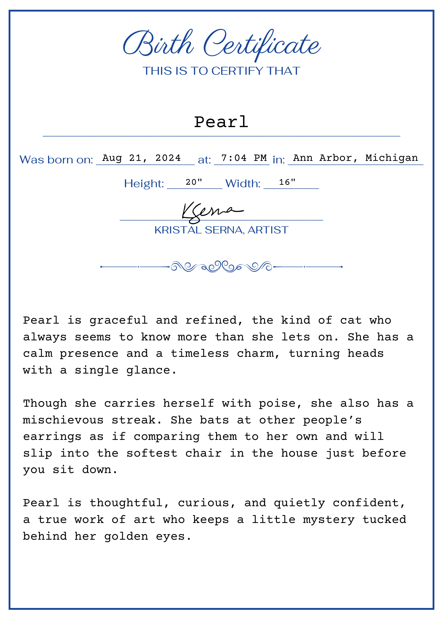 Birth certificate for a cat named Pearl with artistic description