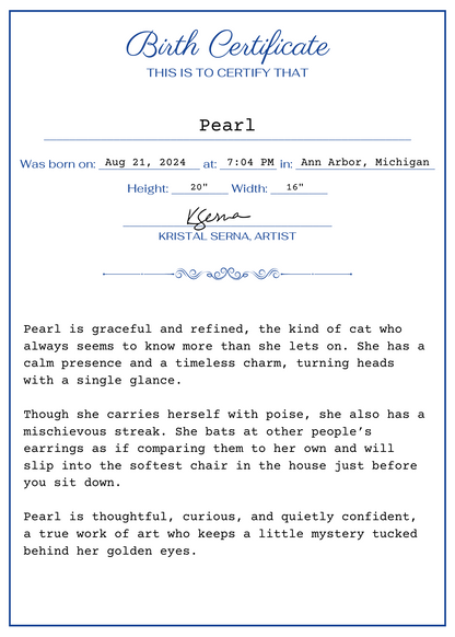 Birth certificate for a cat named Pearl with artistic description