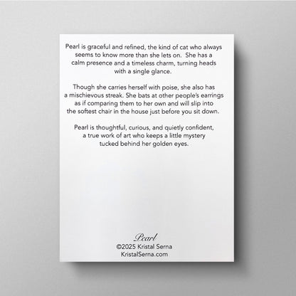 Text description of a cat named Pearl on a white card with a gray background