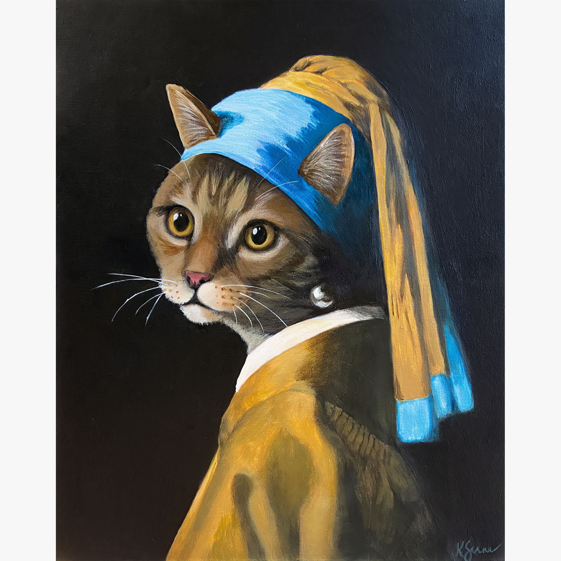 Cat wearing a blue headscarf and pearl earring, inspired by 'Girl with a Pearl Earring'.