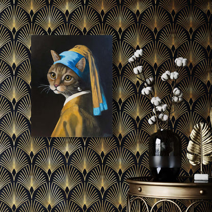 Cat wearing a blue headscarf with a pearl earring on a decorative wall with gold and black pattern.