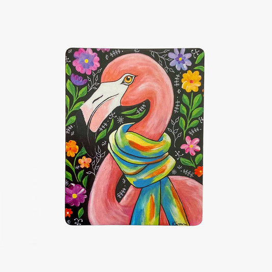 Colorful illustration of a flamingo with a scarf on a decorative background