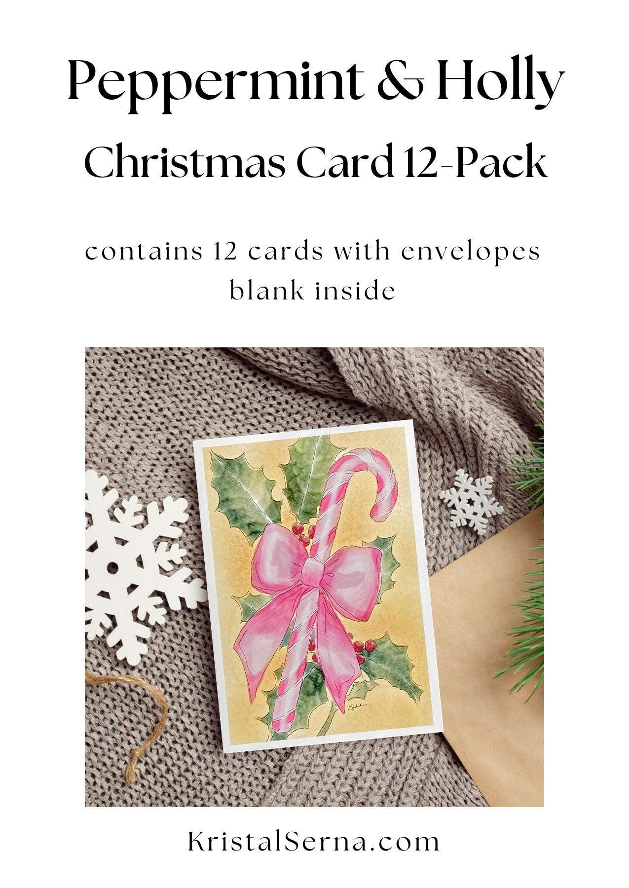 A watercolor and ink painting of a pink candy cane tied with a large pink bow, surrounded by green holly leaves and red berries on a warm golden background.