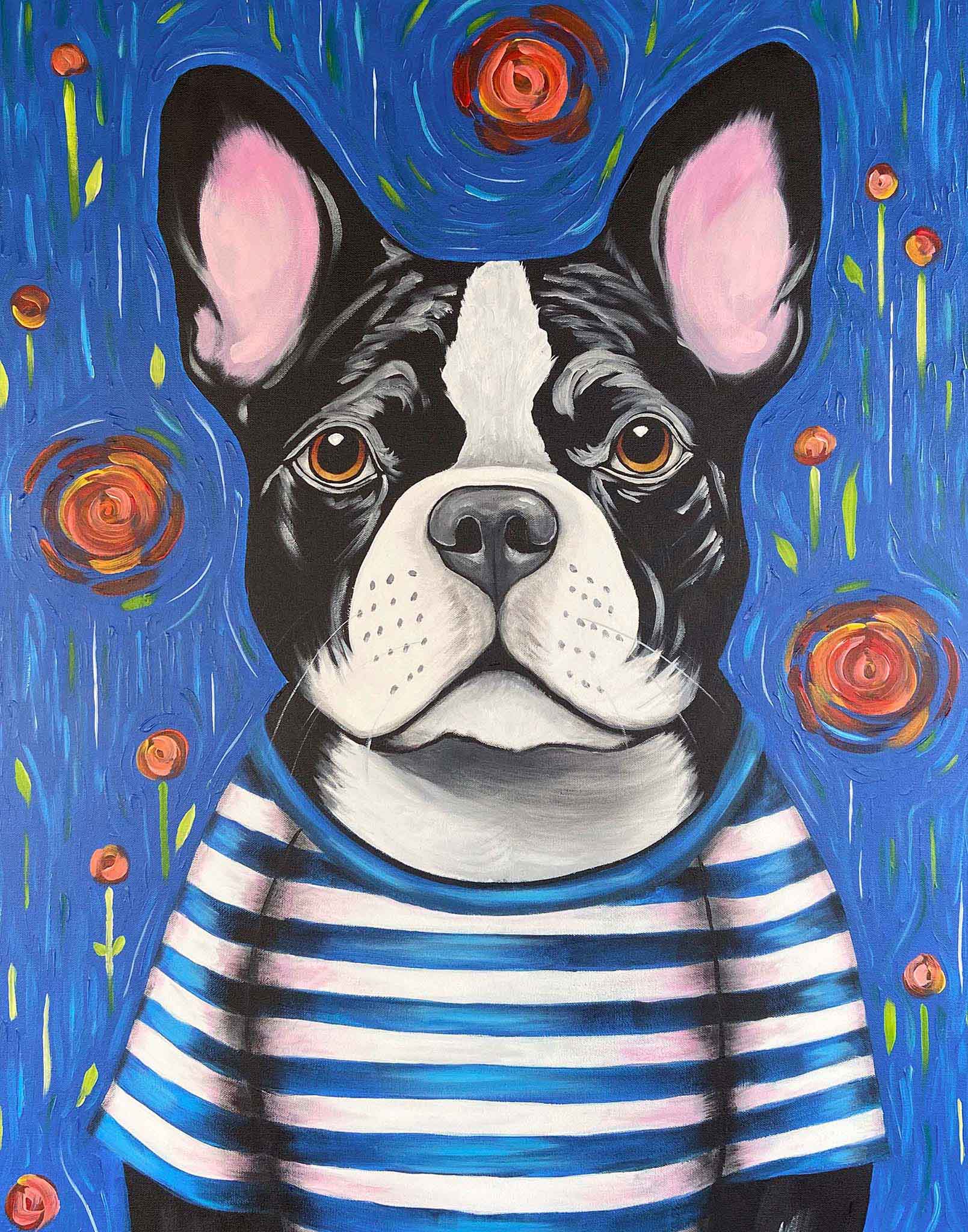 Artistic depiction of a dog wearing a striped shirt with a stylized floral background