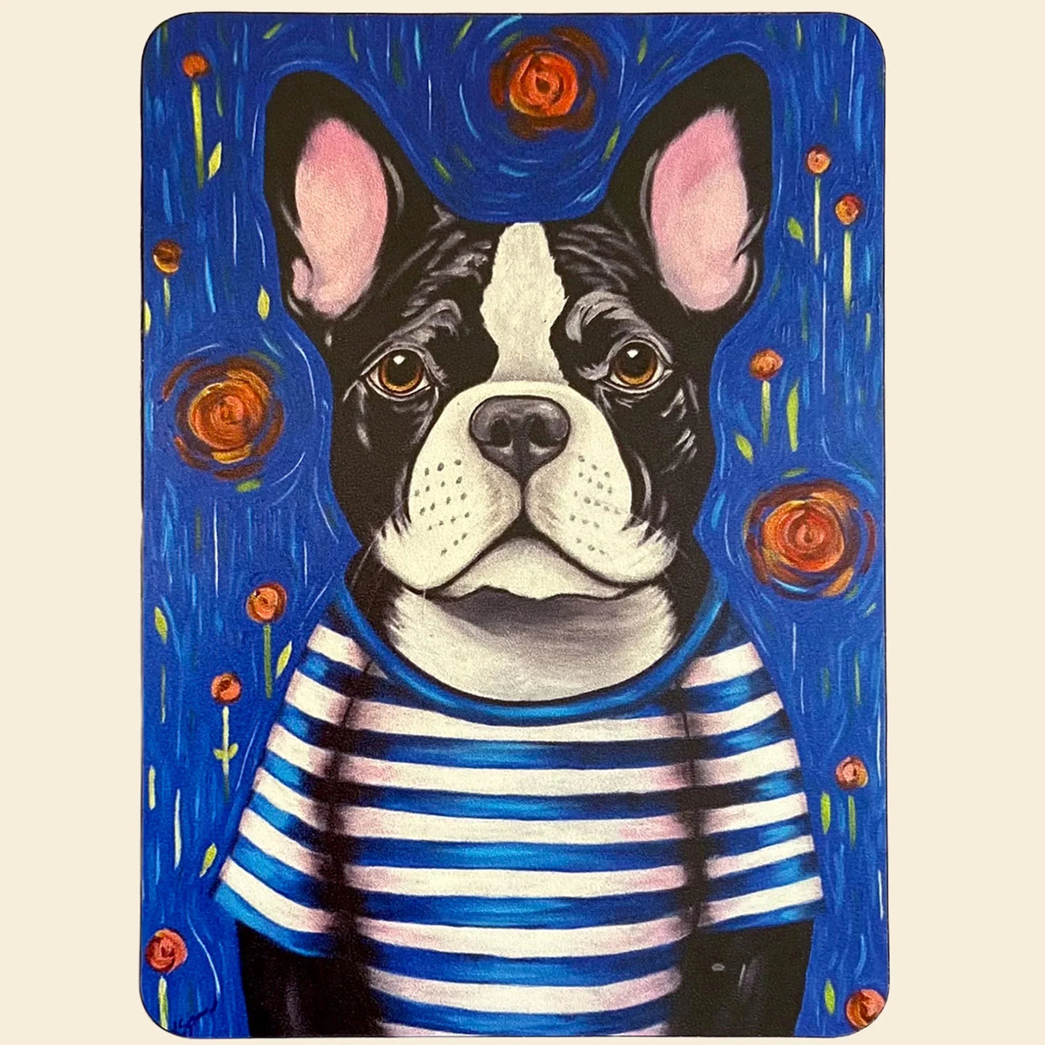Magnet of a dog wearing a striped shirt with a stylized background