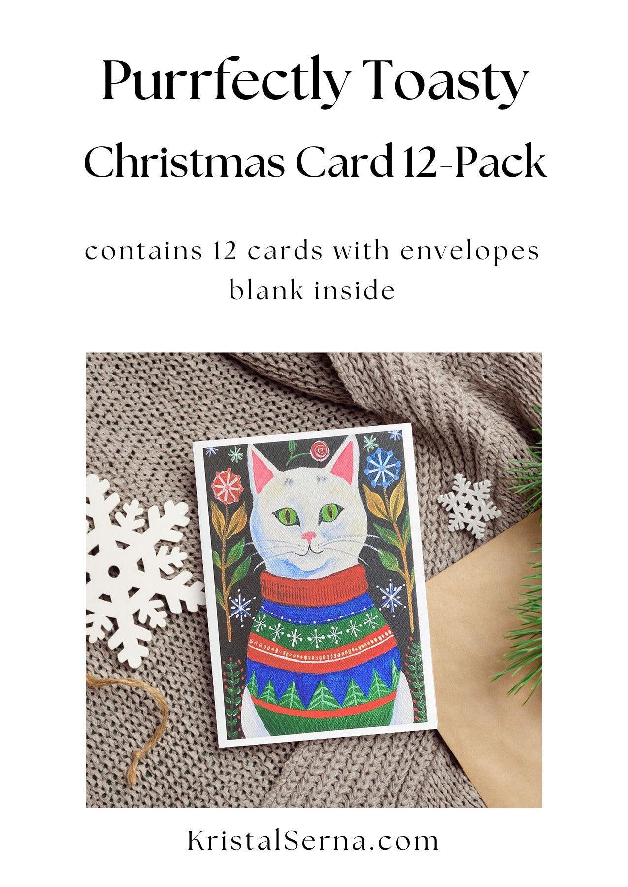 An acrylic painting of a white cat with green eyes wearing a red, blue, and green Christmas sweater against a dark background with floral and snowflake designs.