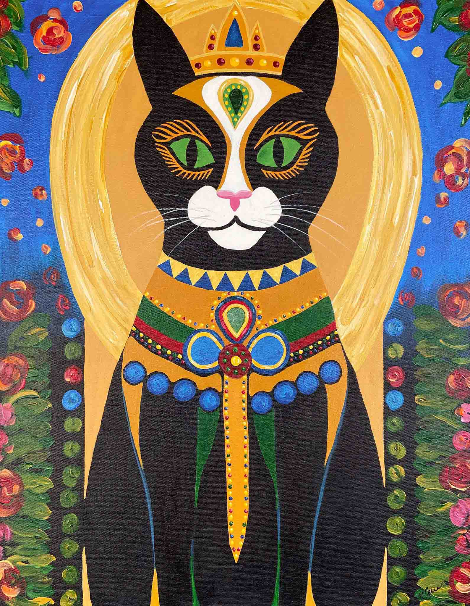 Decorative cat illustration with colorful patterns and a blue background