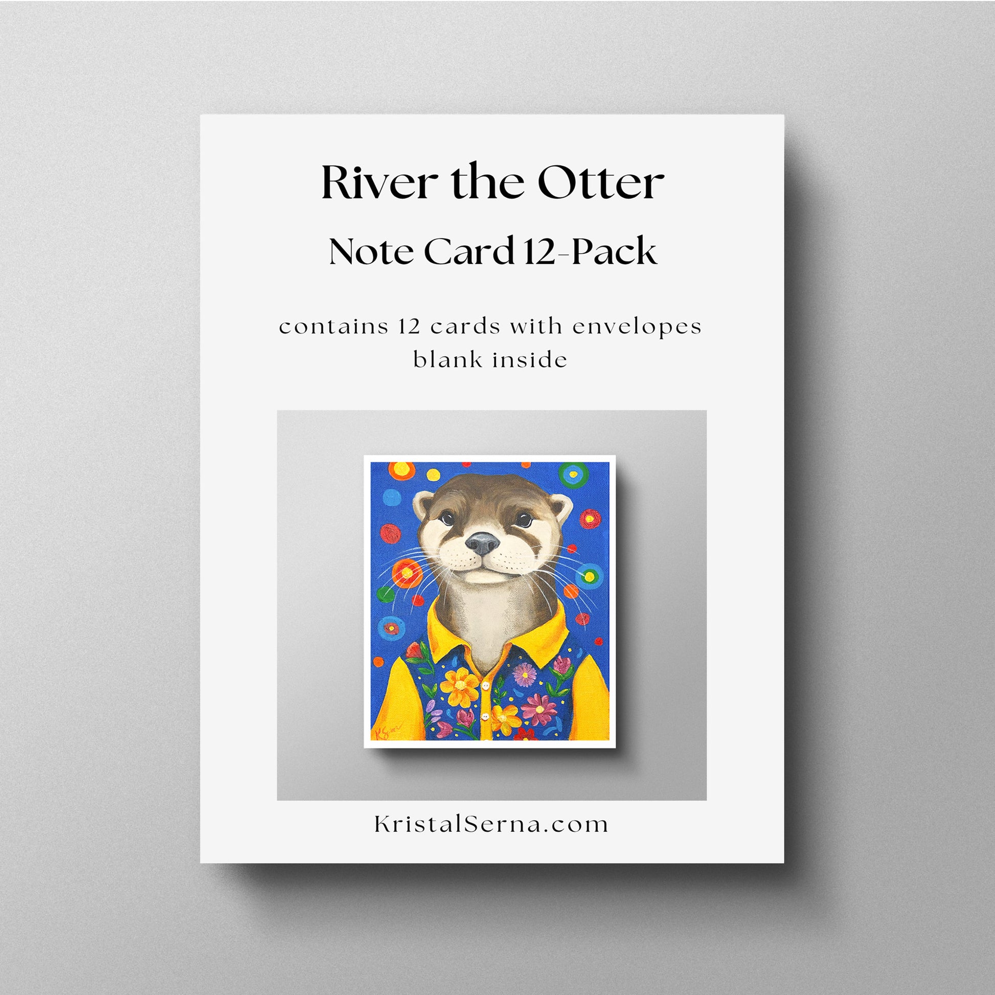 Note card set packaging with 'River the Otter' illustration on a gray background